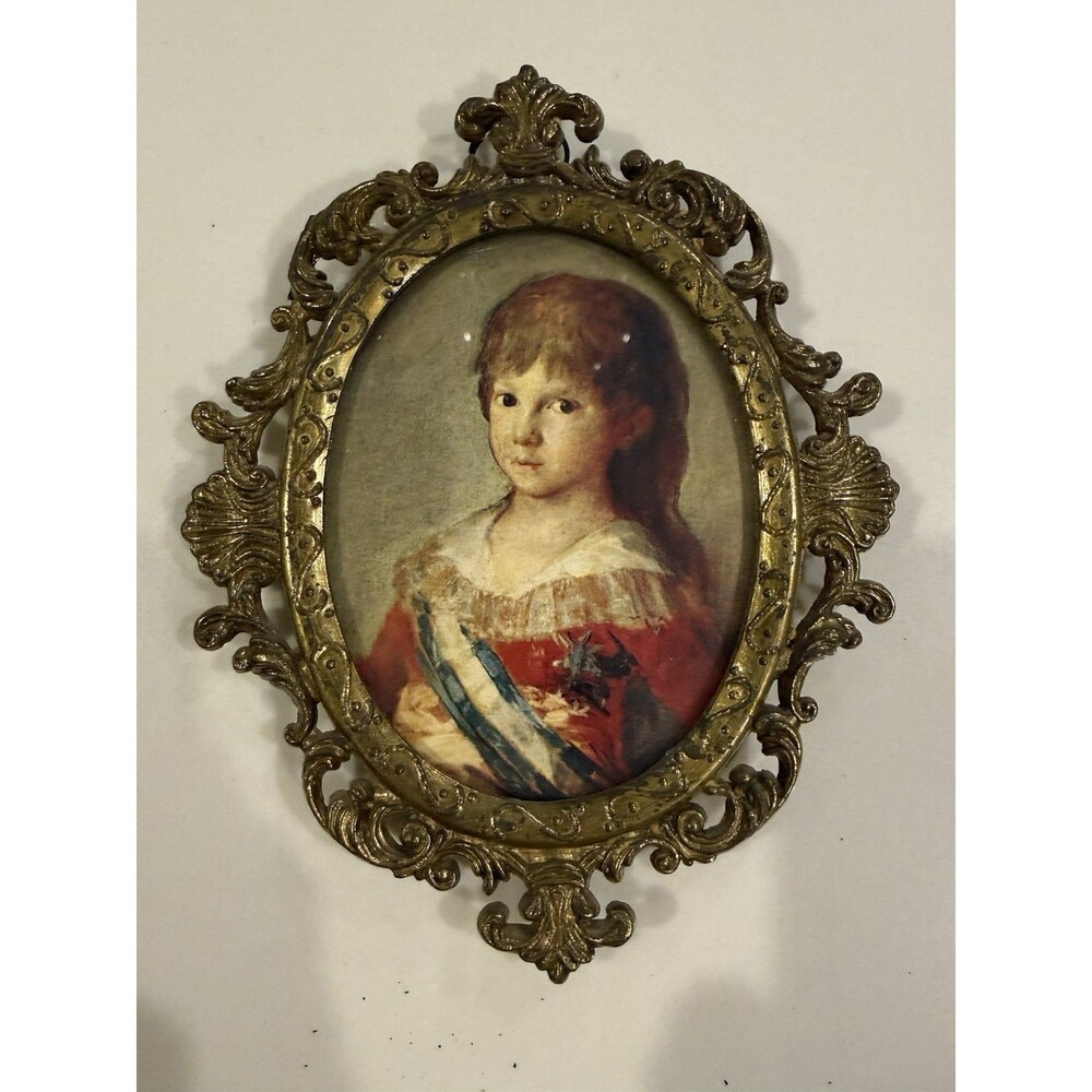 Vintage Brass Ornate Frame with Classic Print Convex Glass Wall Decor Italy